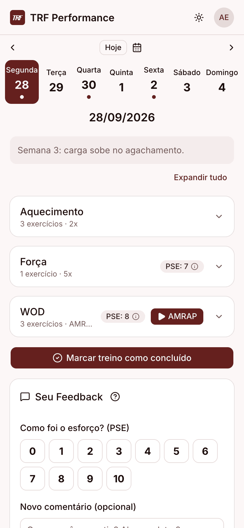 Calendário da semana no app TRF