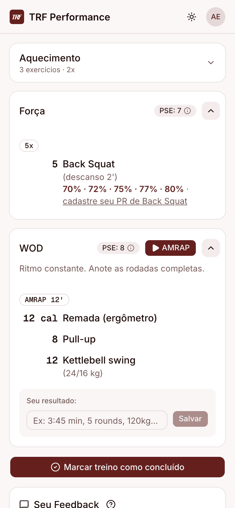 Treino do dia no app TRF, com séries e exercícios